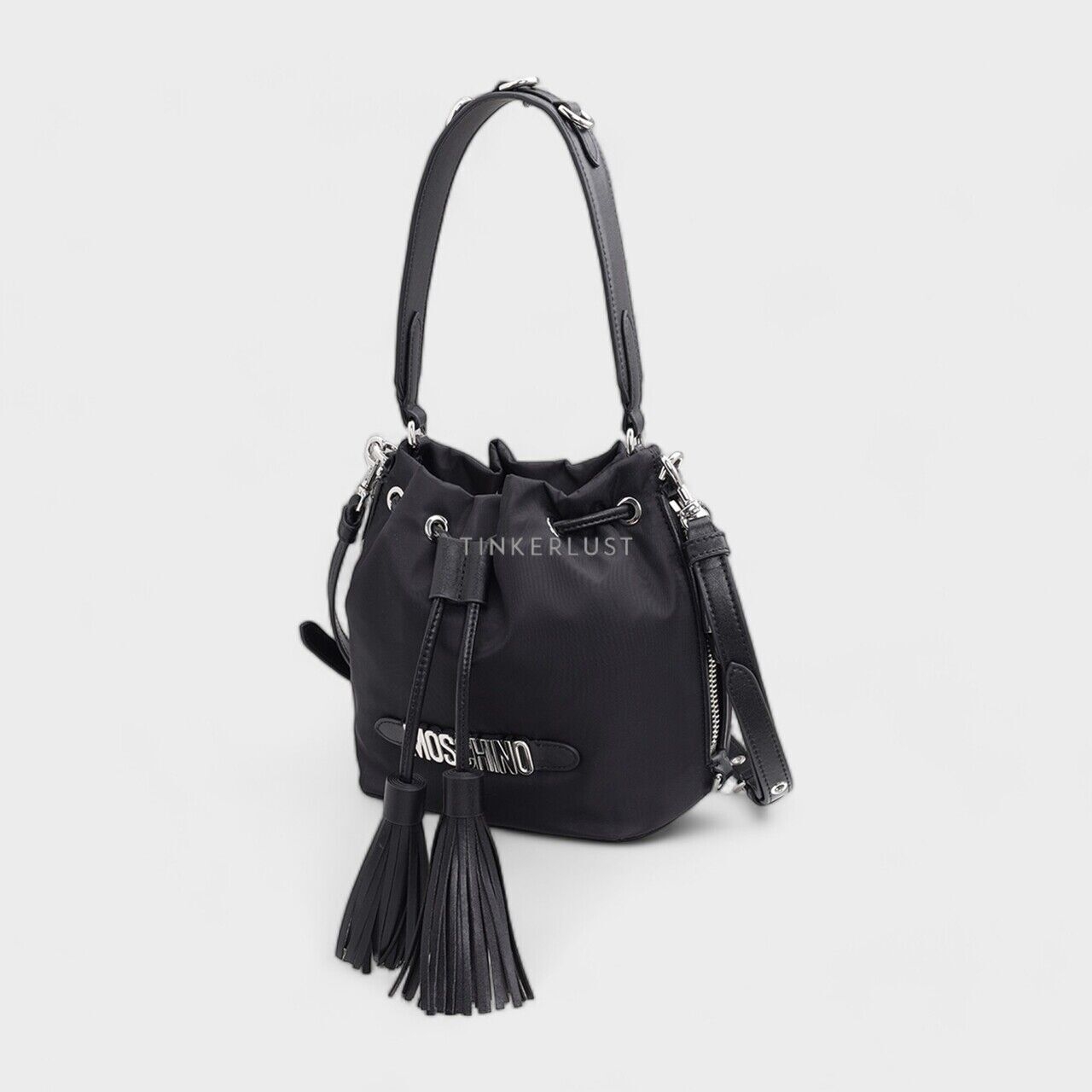 Moschino Mini Lettering Logo In Black SHW with Tassels Bucket Bag