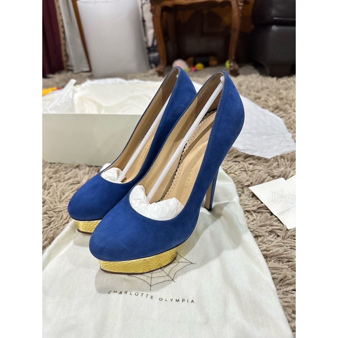 Charlotte Olympia Dolly Blue Suede Heels
