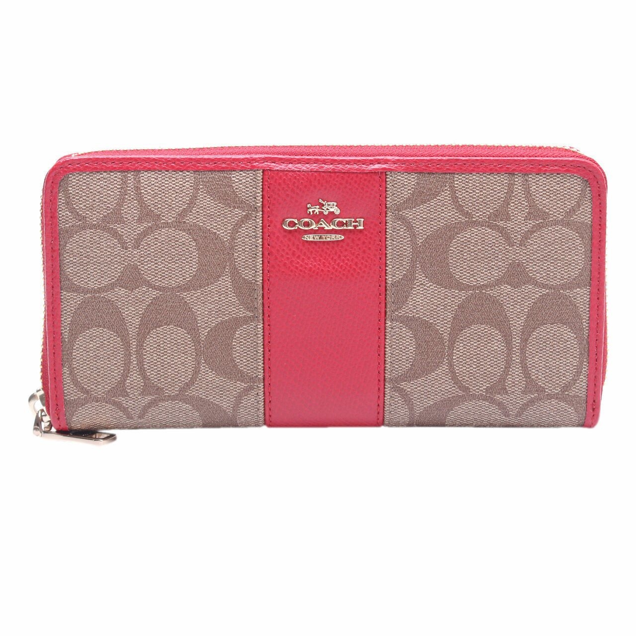 Coach Red Signature Canvas With Leather Accordion Zip Wallet 