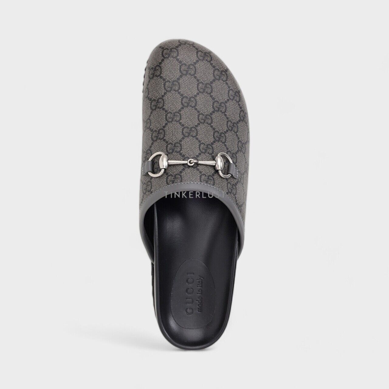 Gucci Men GG Supreme Mules in Grey/Black with Horsebit Sandals