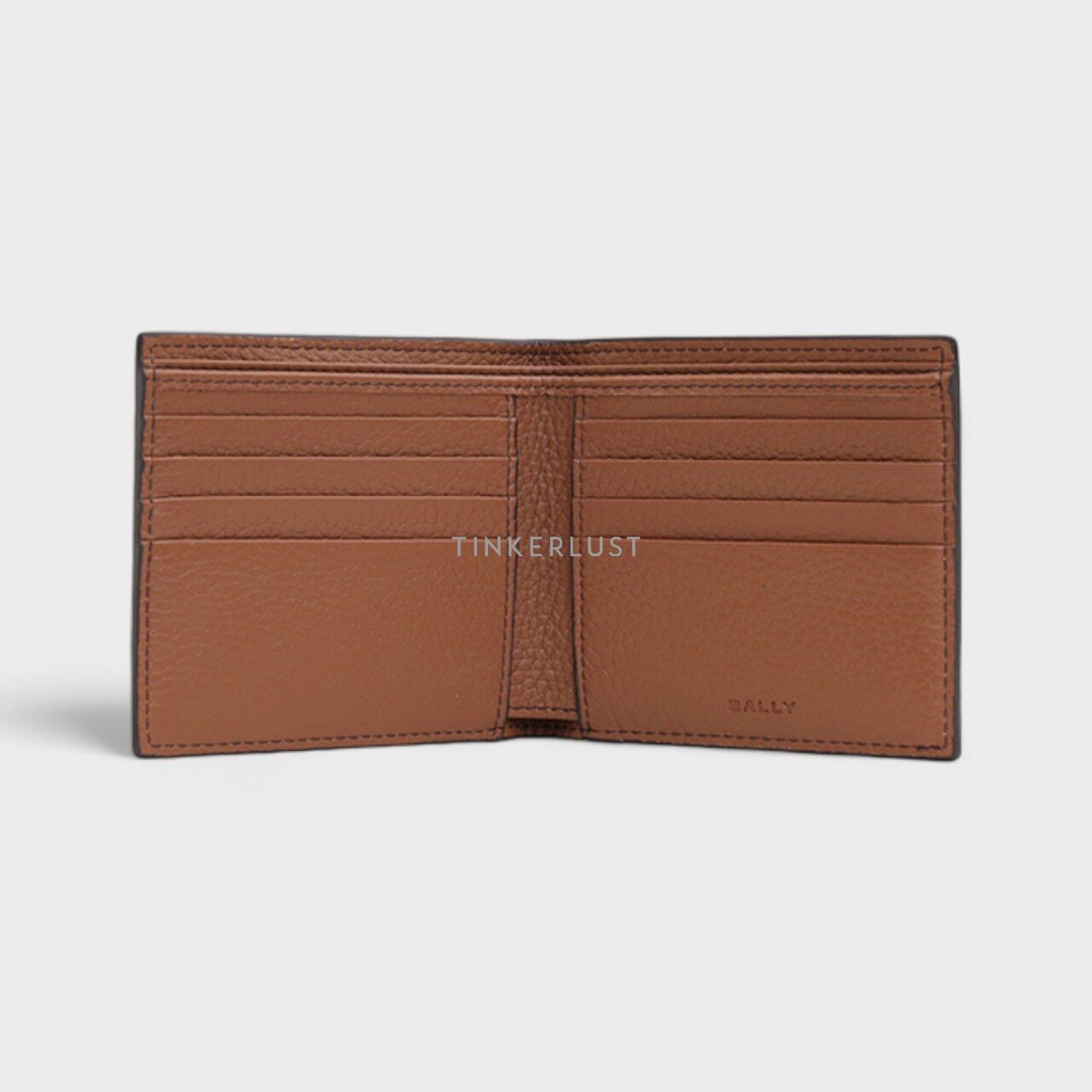 Bally Ribbon Bi-Fold Wallet in Brown Grained Leather with 8 Card Slots Wallet