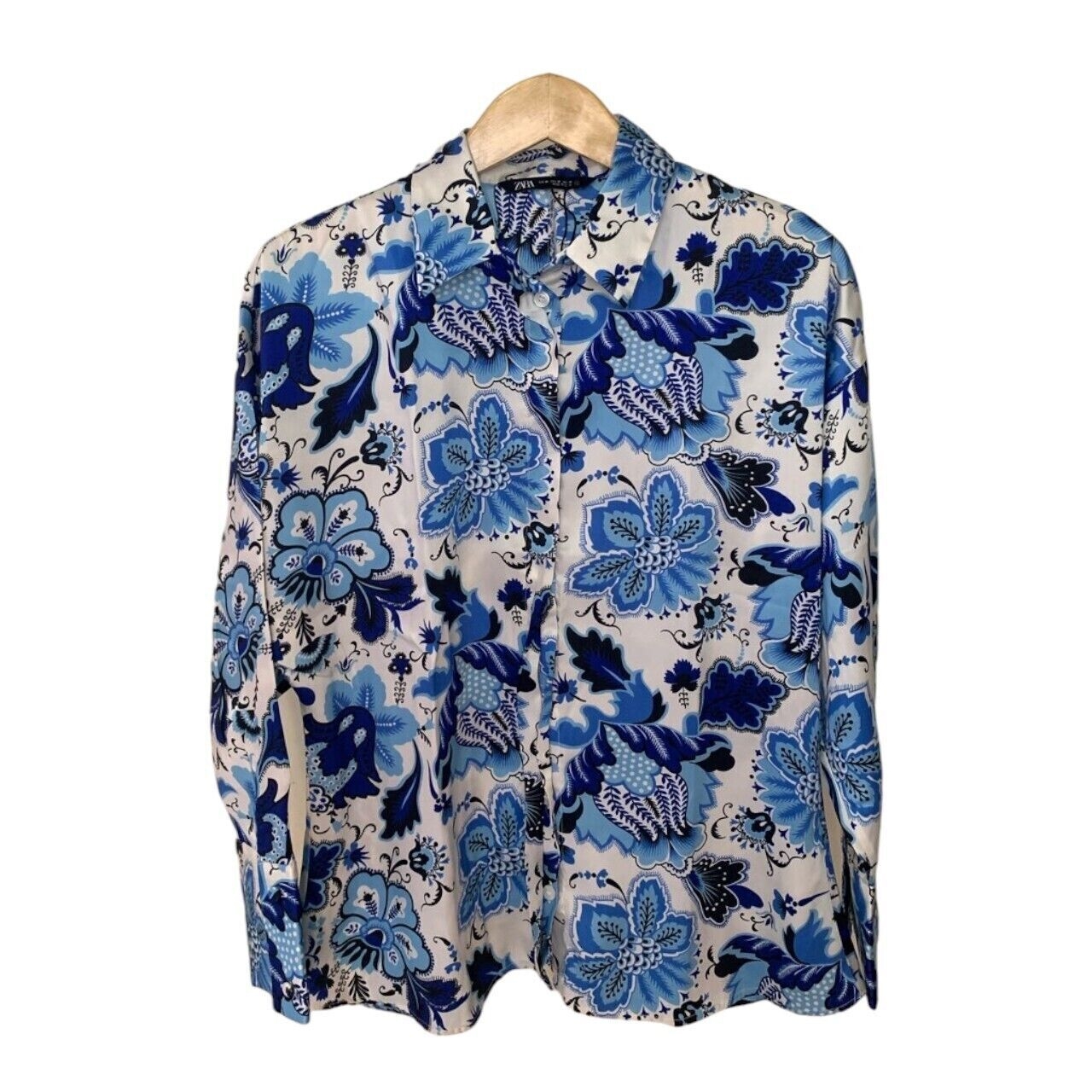 Zara Womens Blue Floral Button Up Satin Business Shirt 
