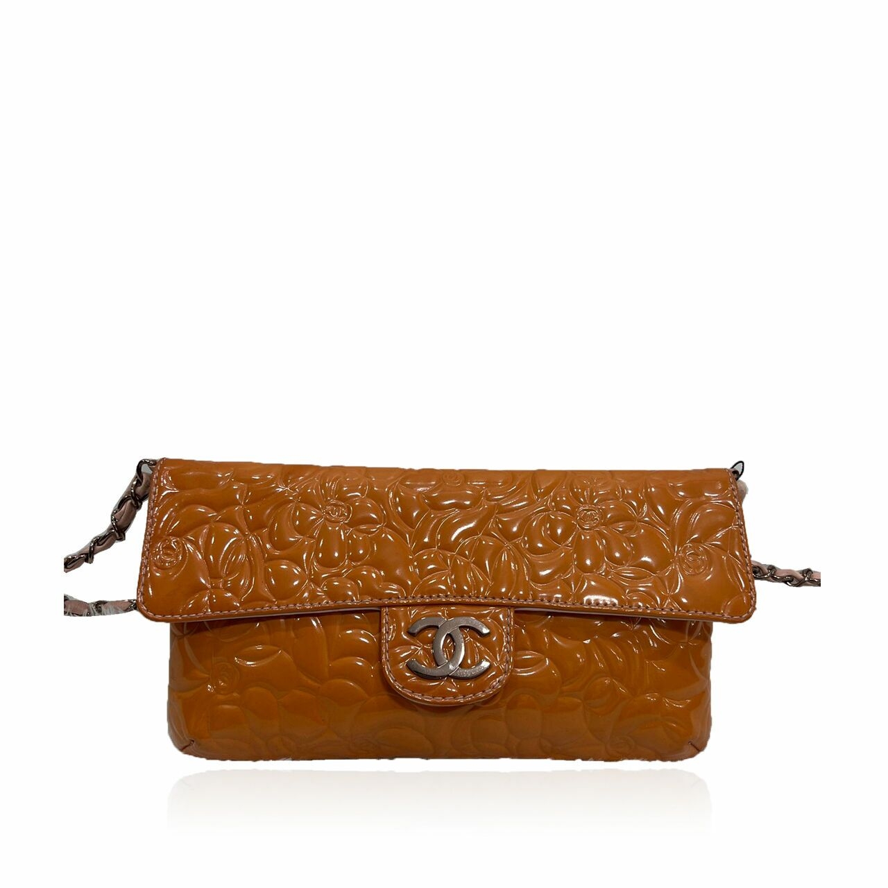Chanel Vintage Camellia Embossed Orange Patent #8 Shoulder Bag