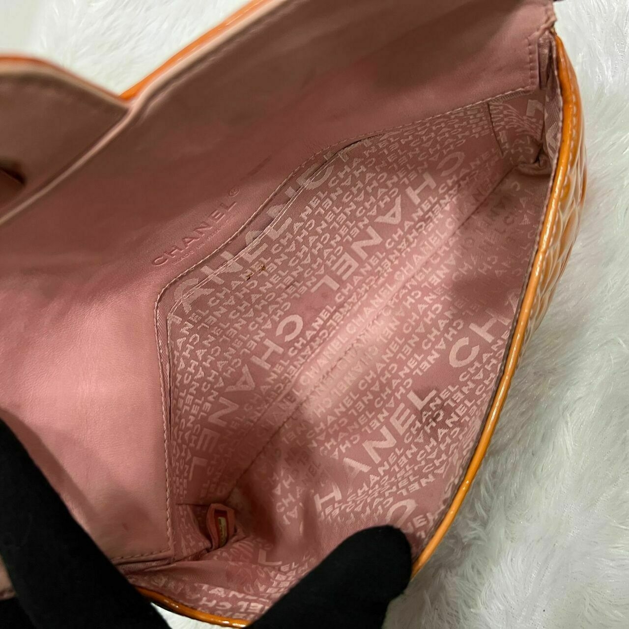 Chanel Vintage Camellia Embossed Orange Patent #8 Shoulder Bag
