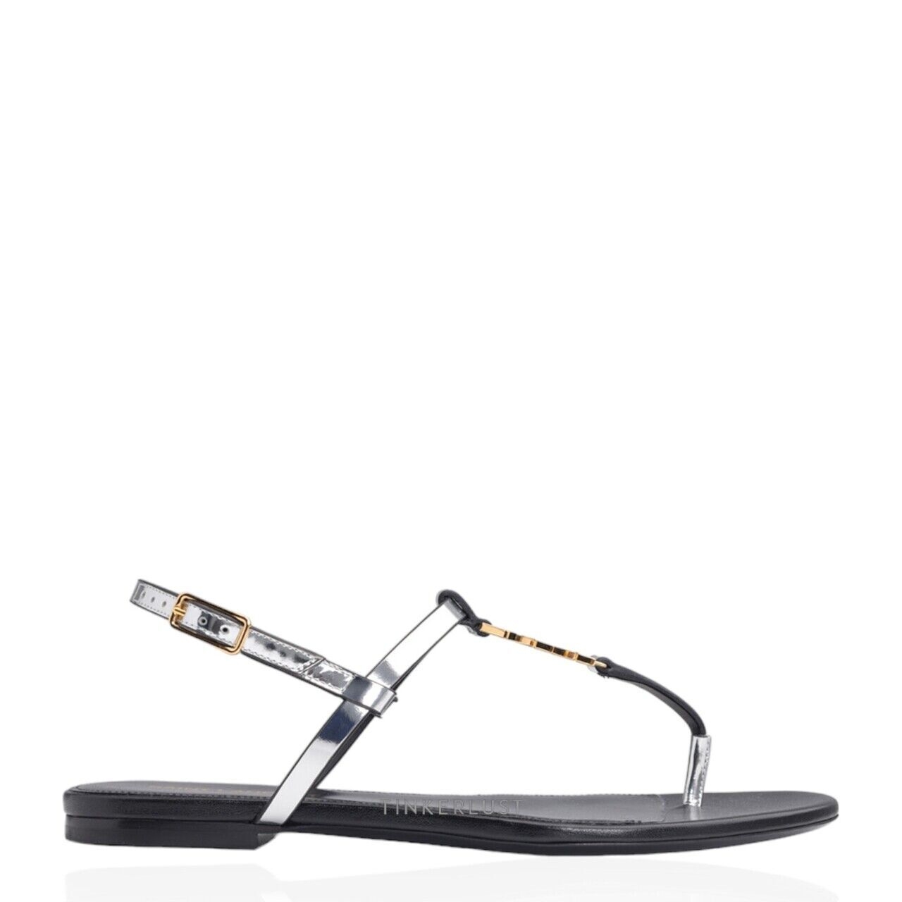 Saint Laurent Women Cassandra Flat Ankle Strap in Argent Reflective Leather with Gold-Tone Monogram Sandals