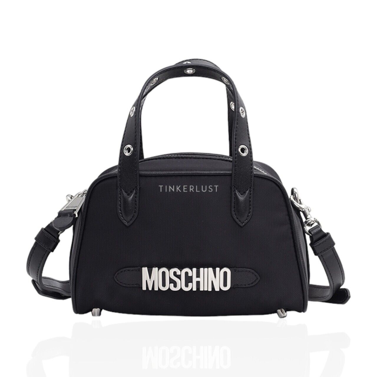 Moschino Logo Top Handle in Black SHW with Metal Detail Satchel Bag