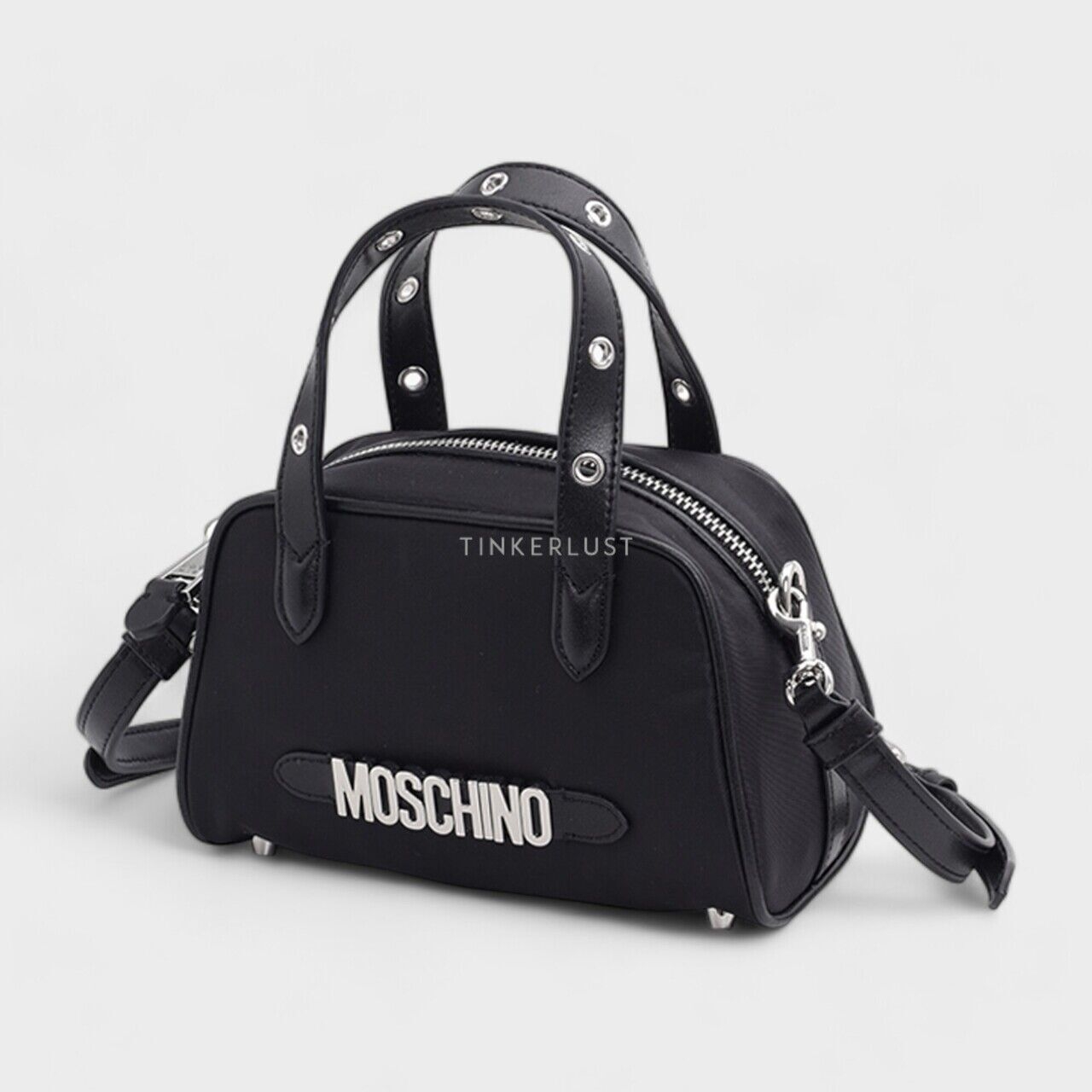 Moschino Logo Top Handle in Black SHW with Metal Detail Satchel Bag