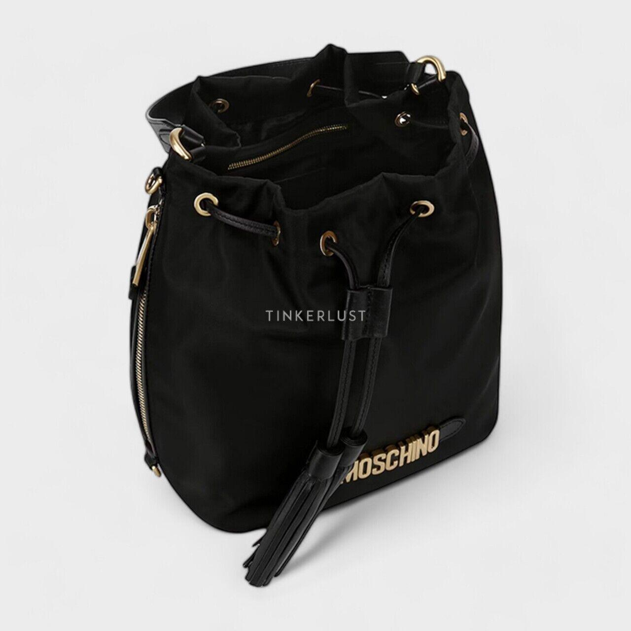 Moschino Small Lettering Logo in Black with Tassels Bucket Bag