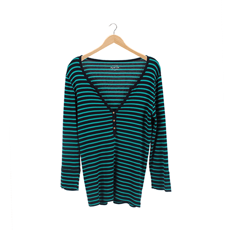 Blue and Green Striped V-Neck T-Shirt
