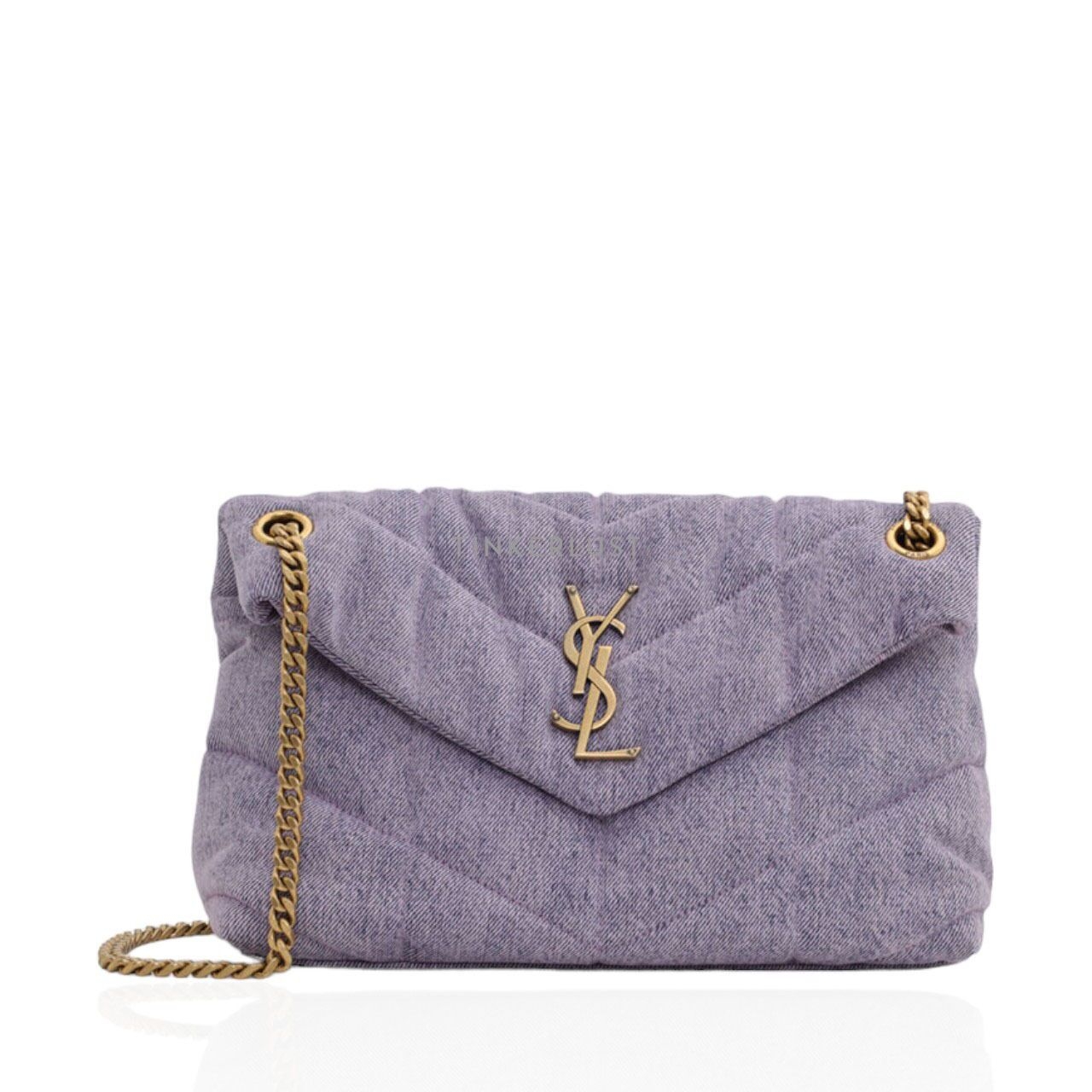 Saint Laurent Small Loulou Puffer in Bleached Lilac Denim x Smooth Leather with Bronze Shoulder Bag