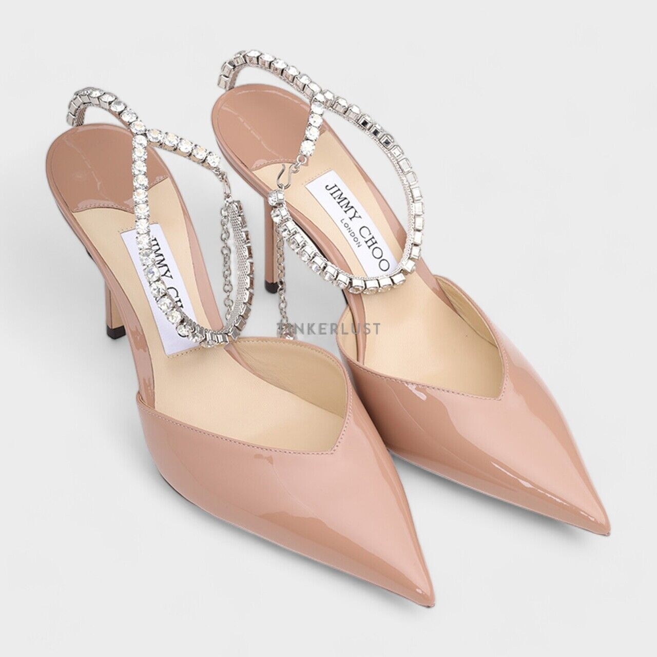 Jimmy Choo Saeda Ankle Crystal 85mm in Ballet Pink Patent Strap Heels
