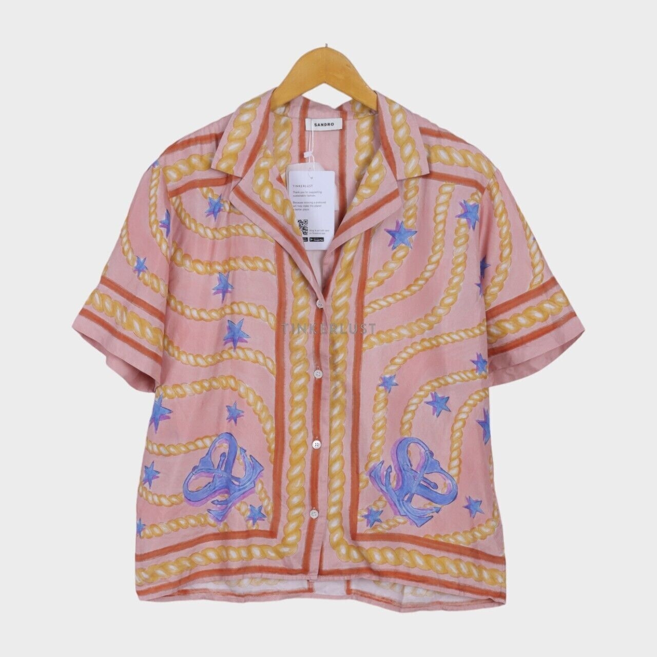 Sandro Pink Silk Printed Button-Up Short Sleeve Shirt