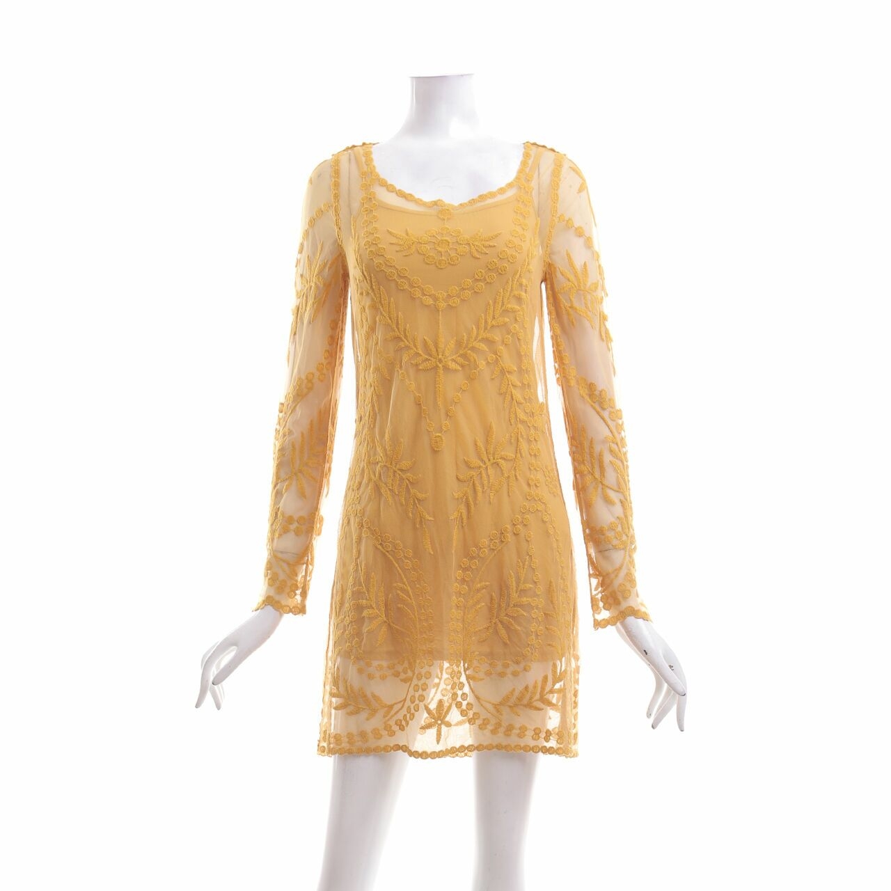 H&M Mustard Sheer Embroidery Mini Dress