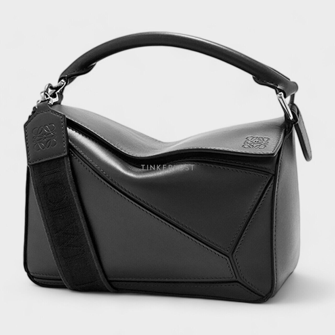 Loewe Small Puzzle Bag in Black Satin Calfskin with Jacquard Shoulder Bag