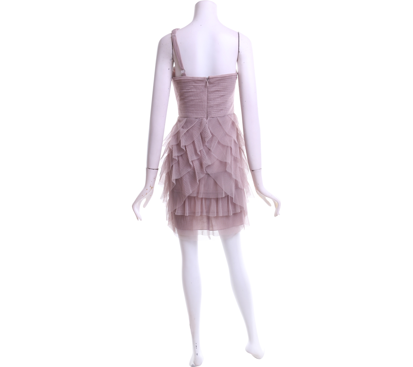 BCBGMaxazria Taupe Ruffle Tulle One Shoulder Mini Dress