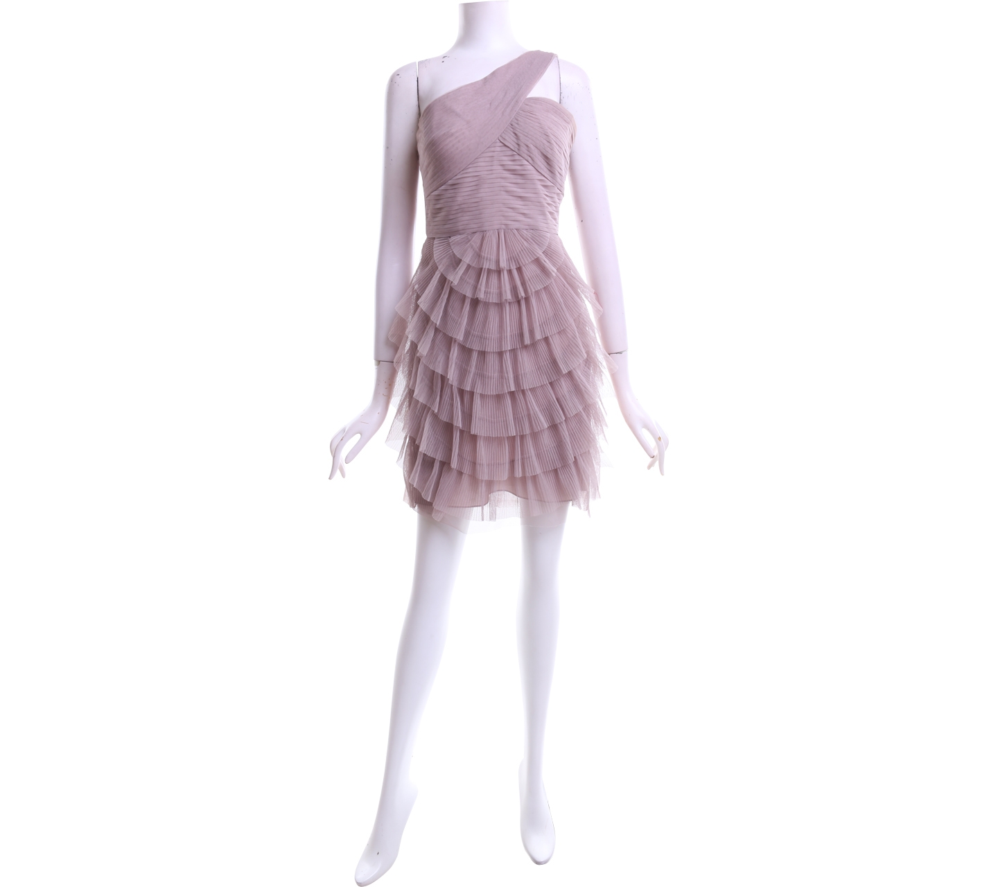 BCBGMaxazria Taupe Ruffle Tulle One Shoulder Mini Dress