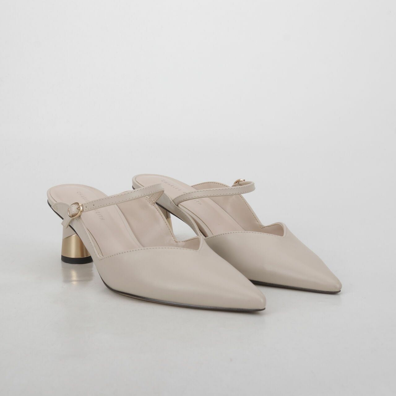 Charles & Keith Beige Covered Open Back Mules Heels