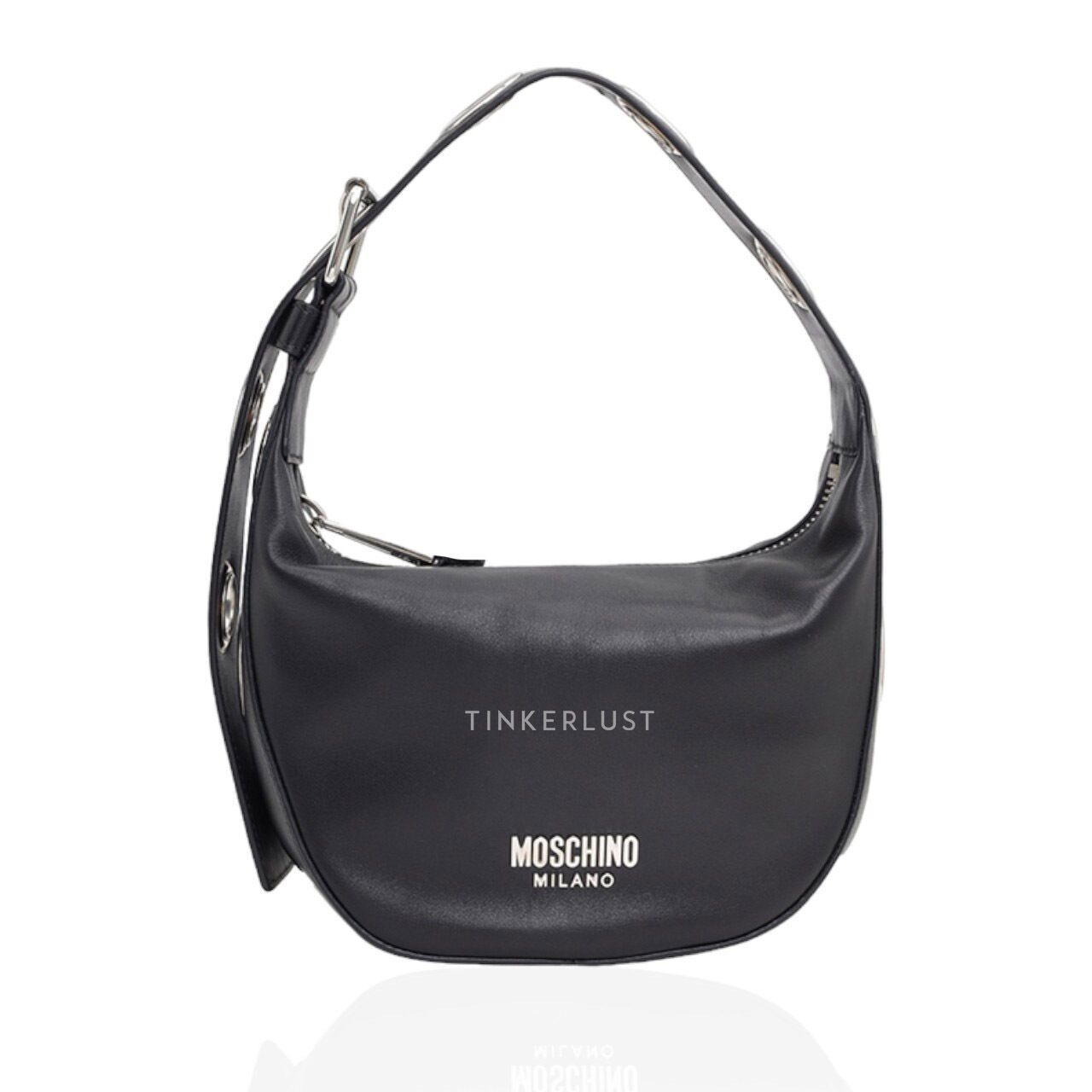 Moschino Metal Macro Eyelets in Black Calfskin with Logo SHW Hand Bag