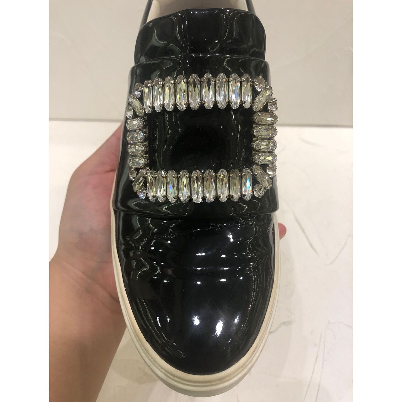 Roger Vivier Crystal Embellished Black Patent Leather Slip-On Sneakers