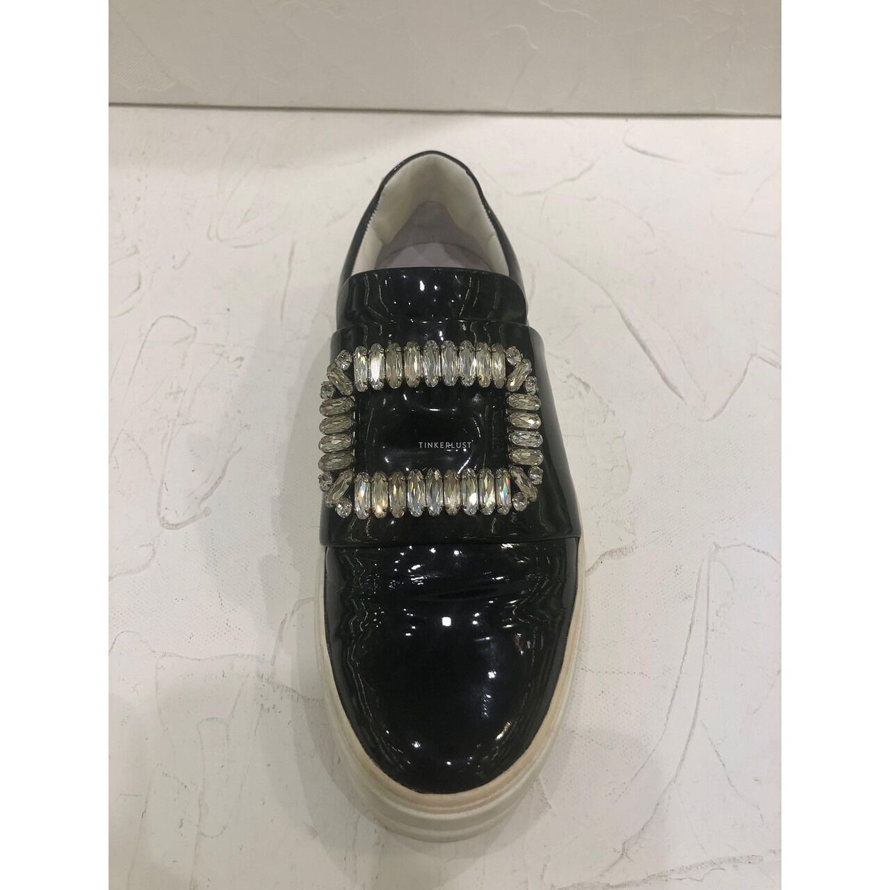 Roger Vivier Crystal Embellished Black Patent Leather Slip-On Sneakers