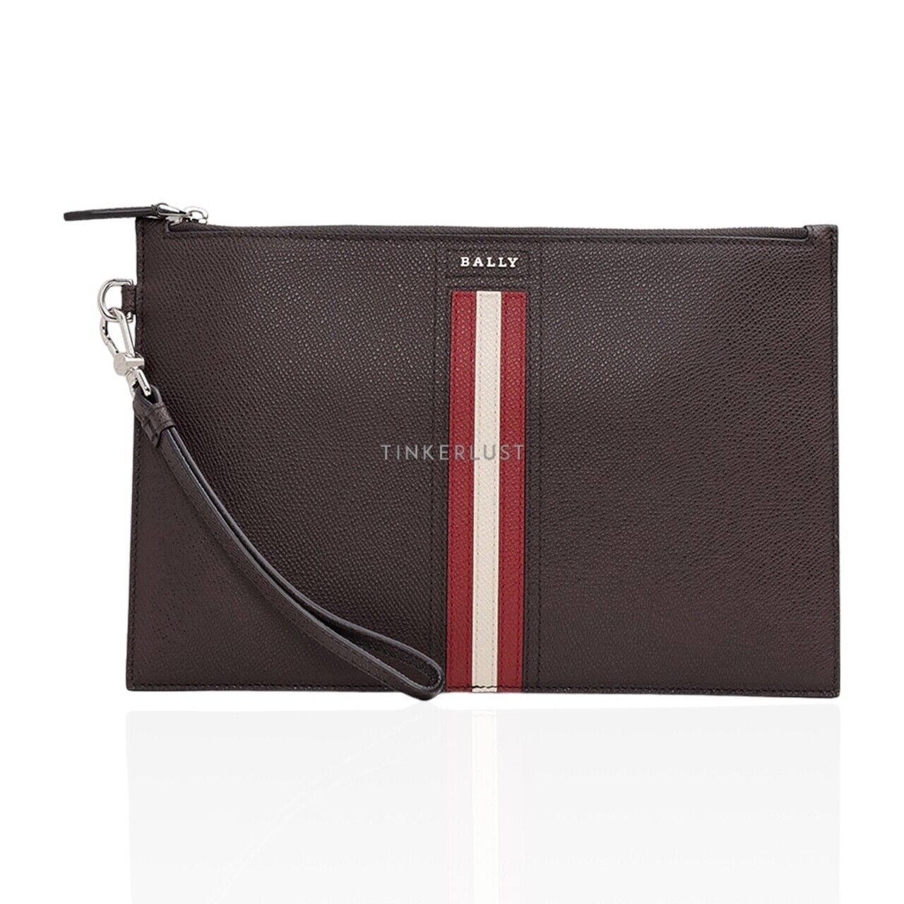 Bally Men Tenery Clutch in Coffee with Red/White Stripe Wallet