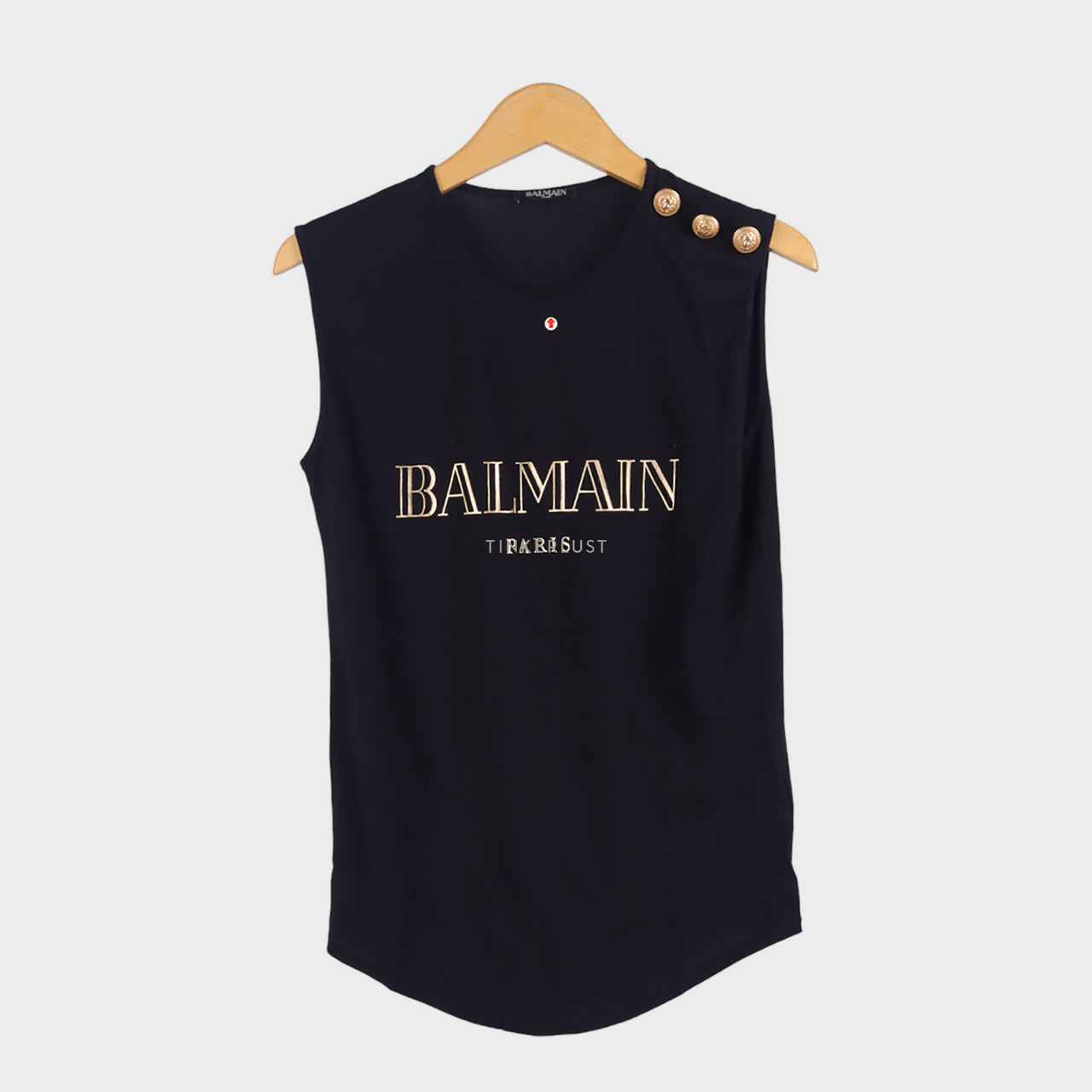 Balmain Logo Printed Shoulder Button Detail Sleeveless Black Cotton T-Shirt