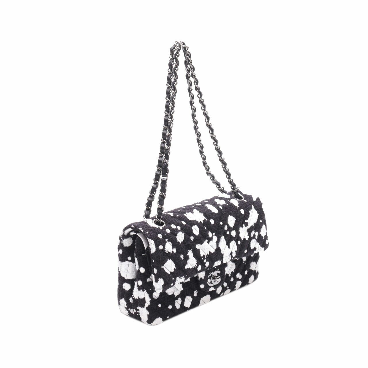 Chanel Canvas Black & White Medium Double Flap Shoulder Bag