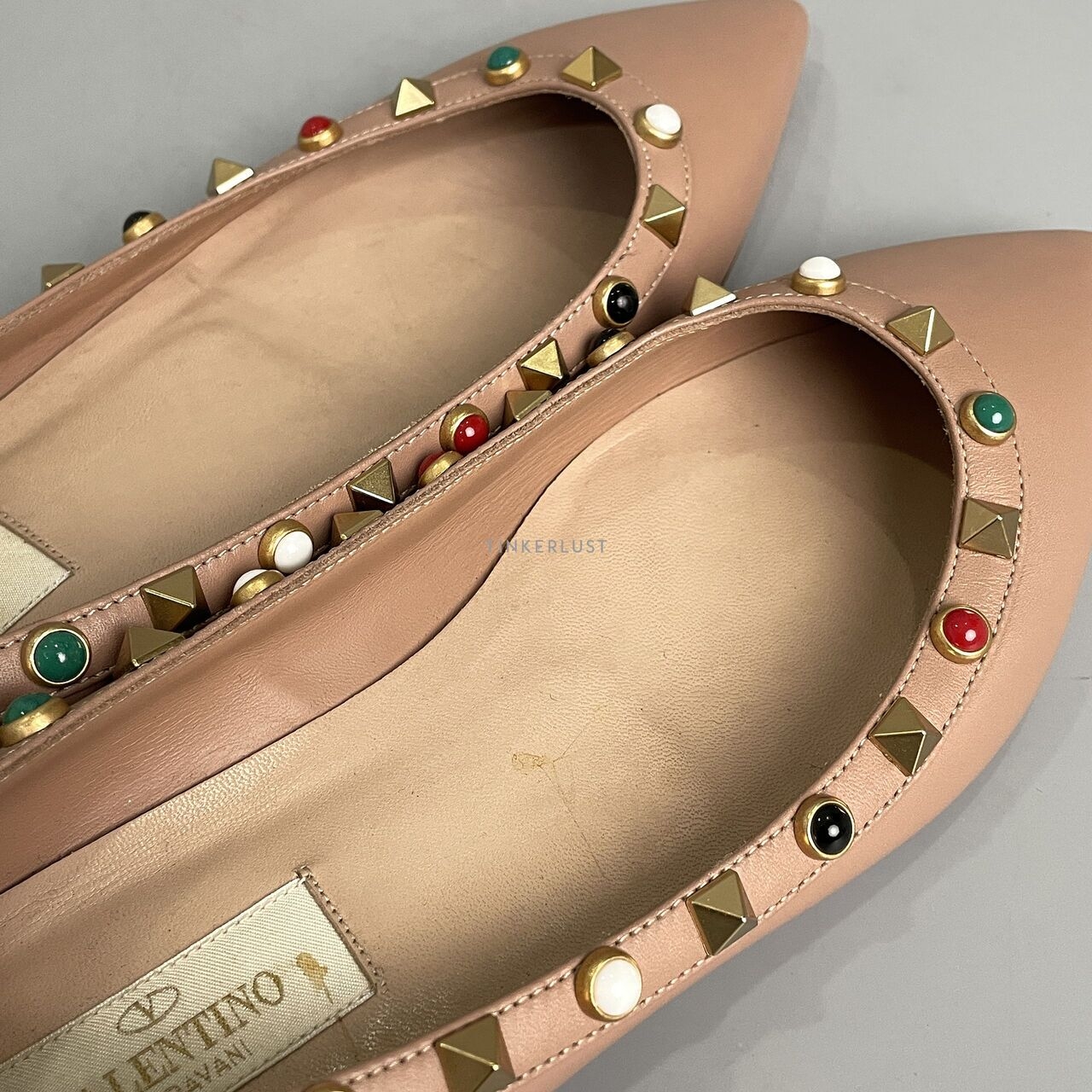 Valentino Garavani Rolling Rockstud Pointed Toe Nude Leather Ballet Flats 