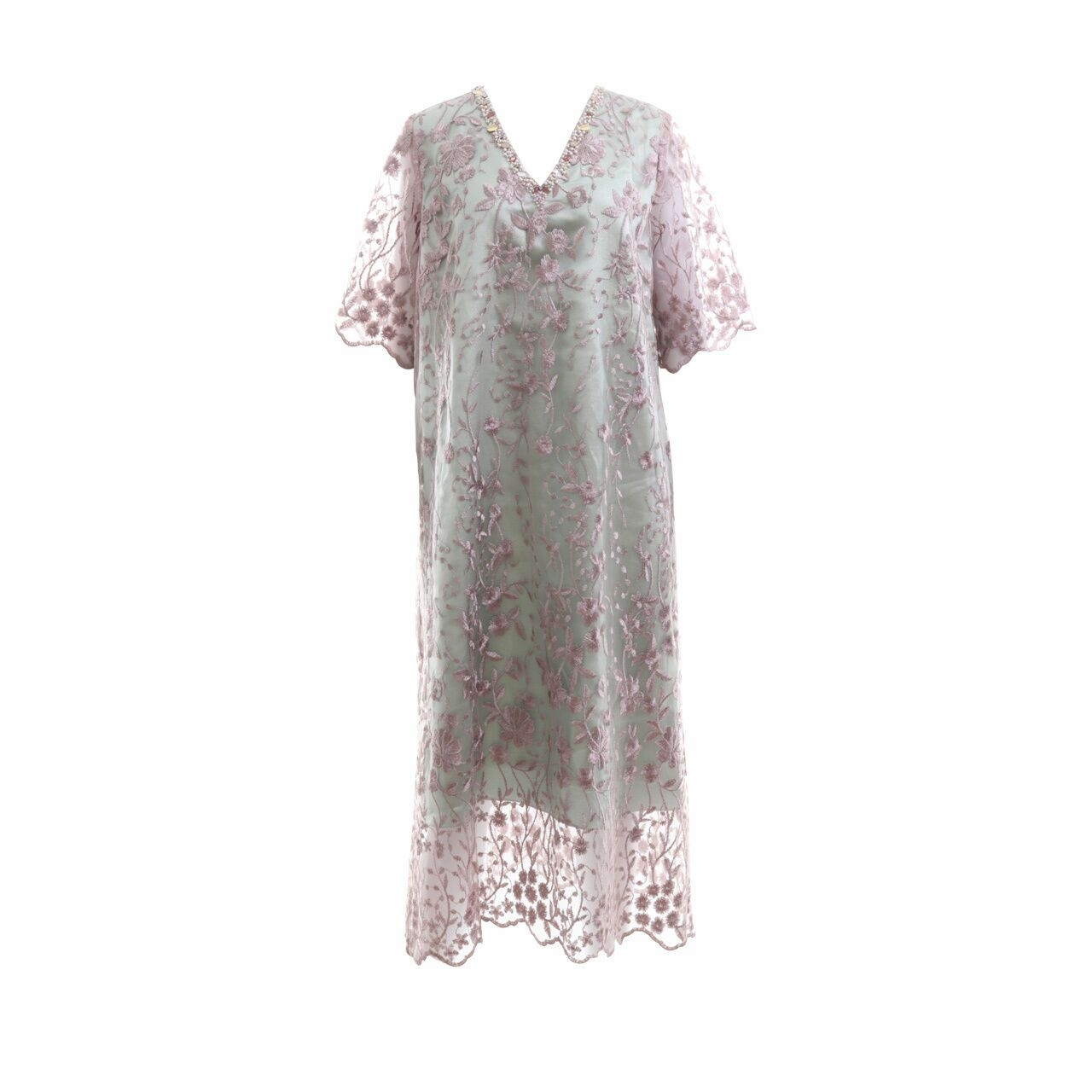 ar-by-arra Purple & Mint V Neck Pearl With Embroidery Midi Dress
