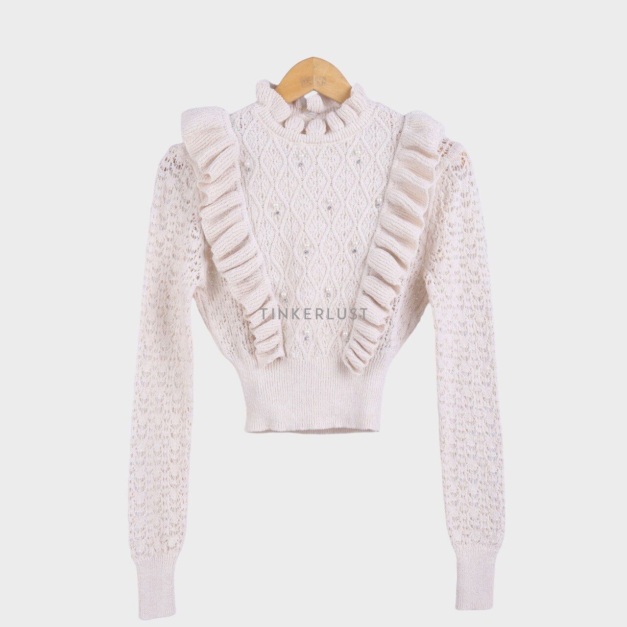 Zara Light Beige Ruffle Knit Pearl Sweater