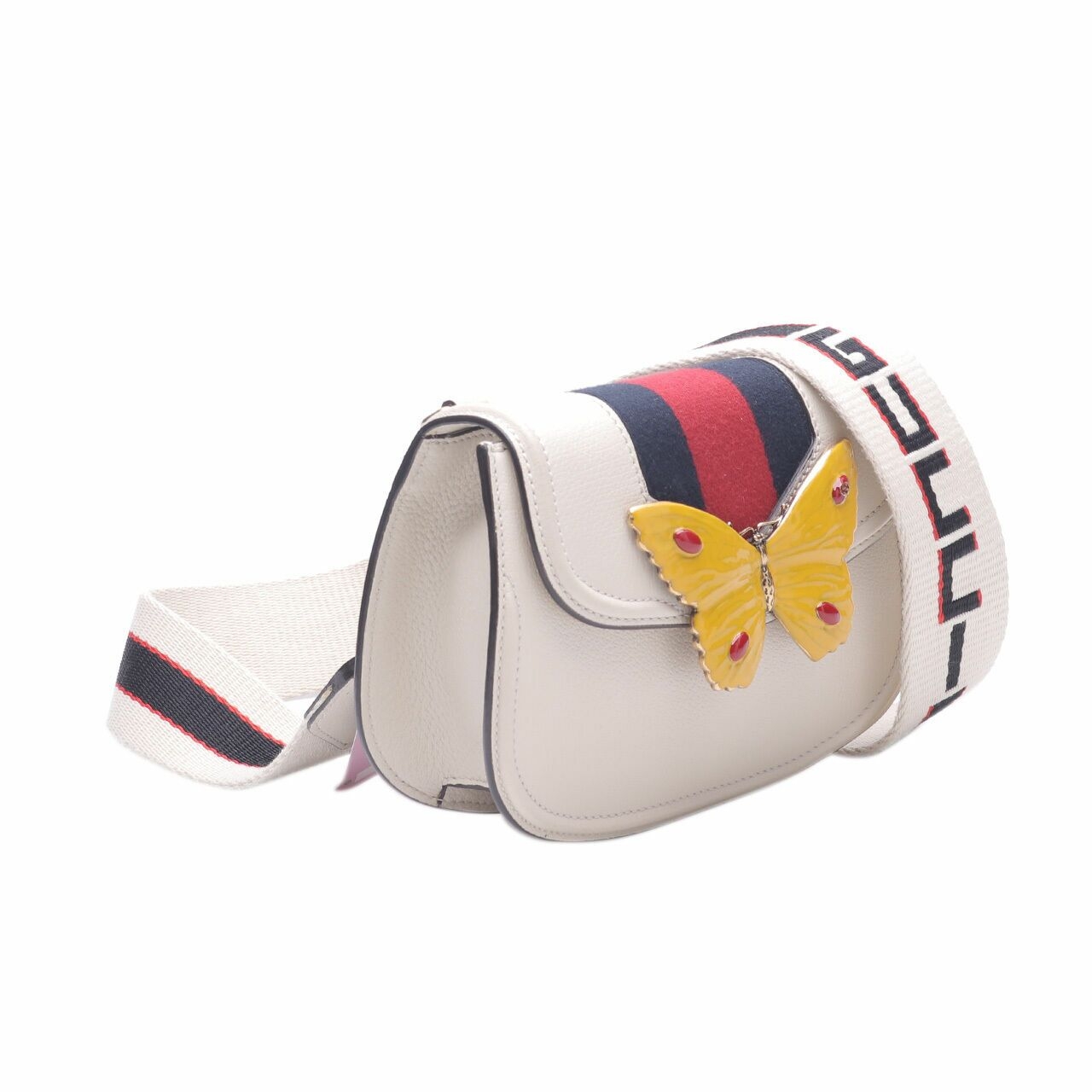 Gucci Calfskin Web Stripe Butterfly Small Totem White Shoulder Bag
