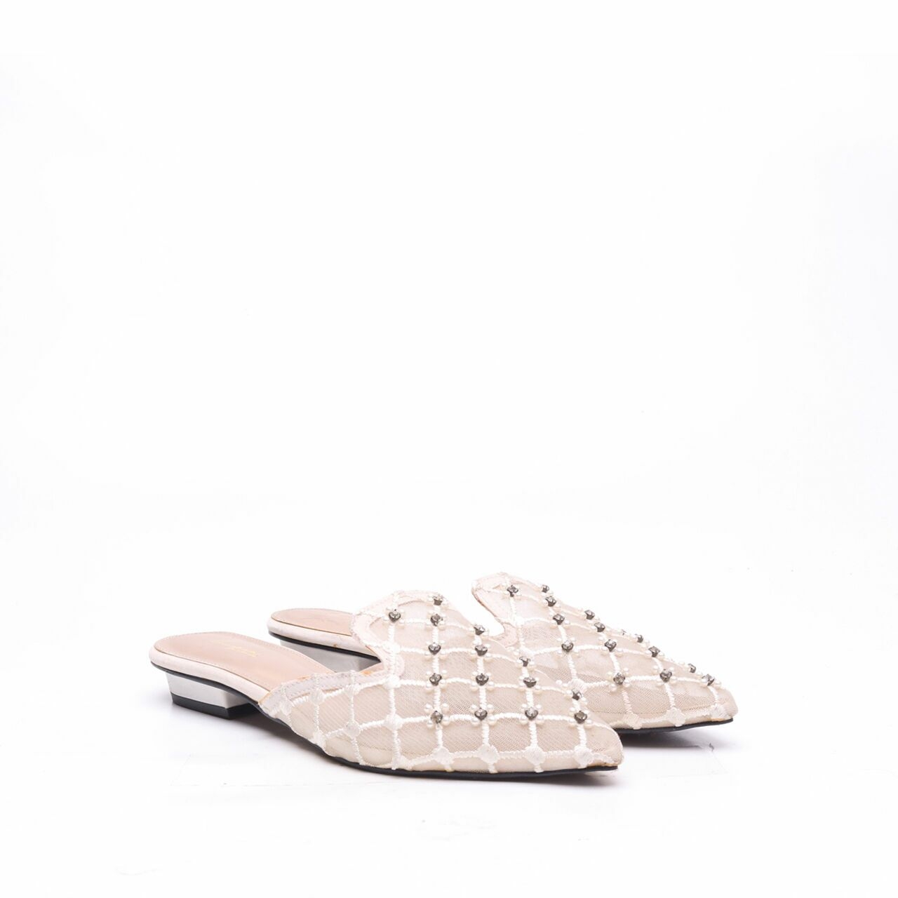 Langkah by Lina Lee White Embellished Lace Mules