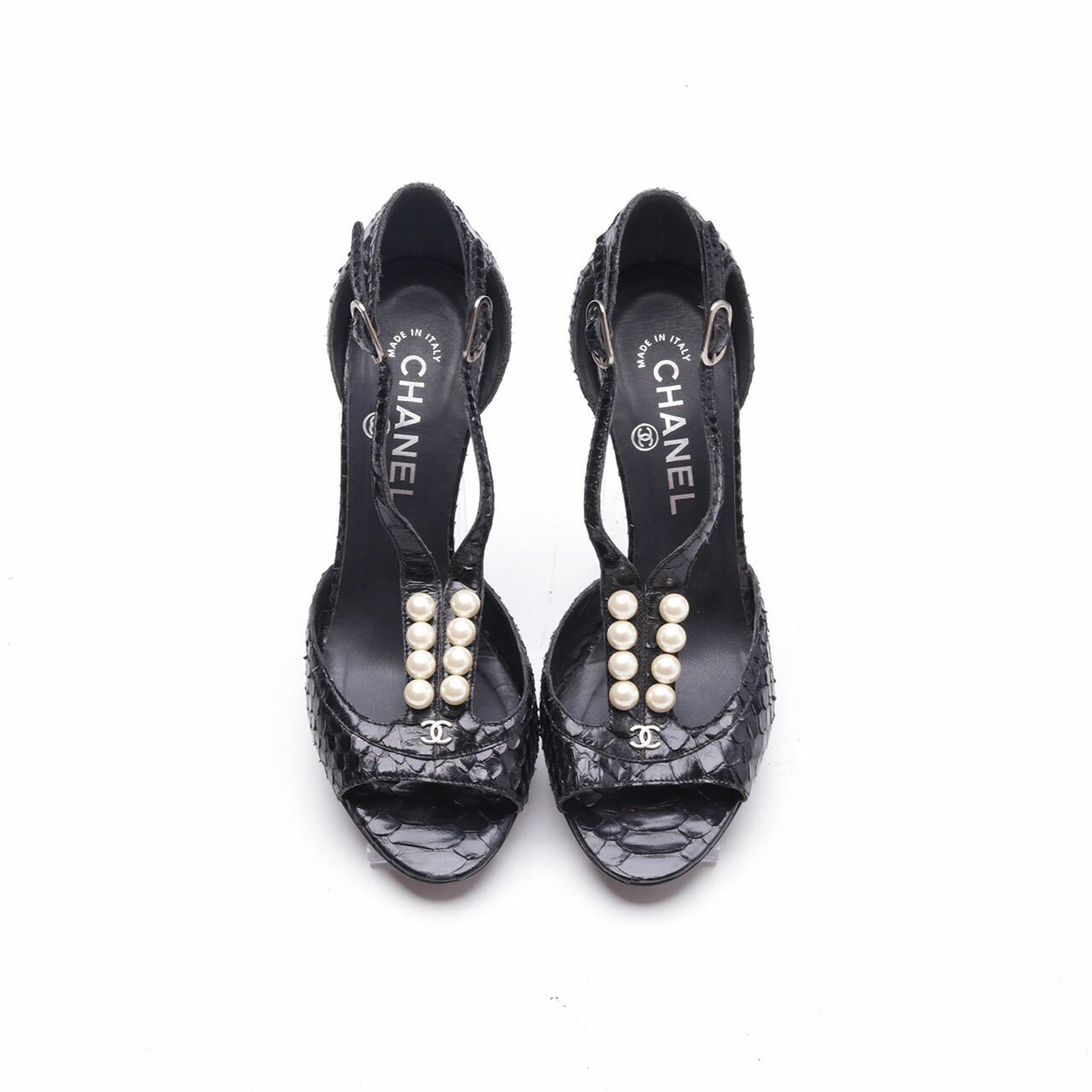 Chanel Pearl Pyhton Open-toe Black Heels