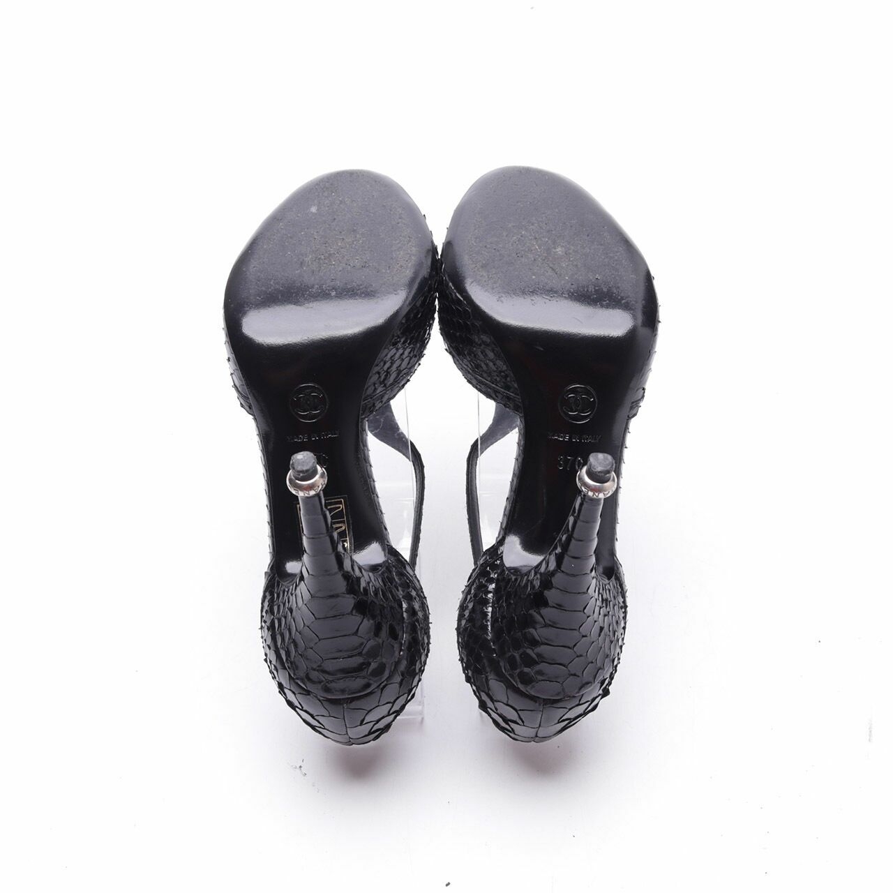 Chanel Pearl Pyhton Open-toe Black Heels