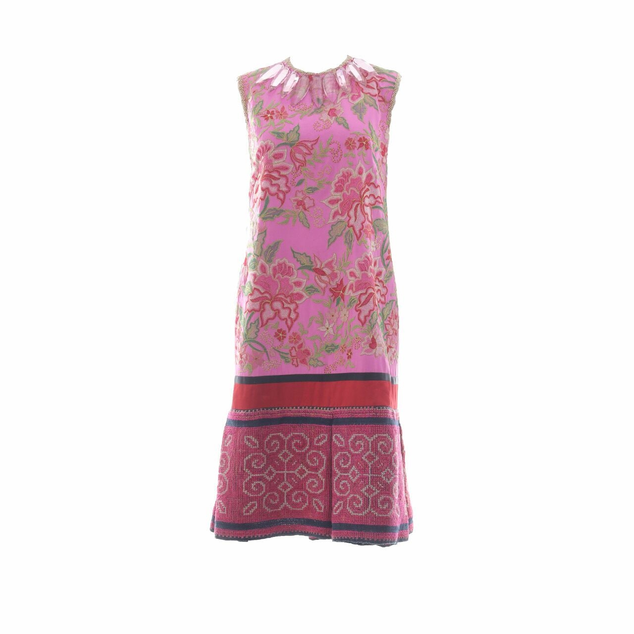 Didi Budihardjo Pink Multi Pattern Crystal Neck Midi Dress 