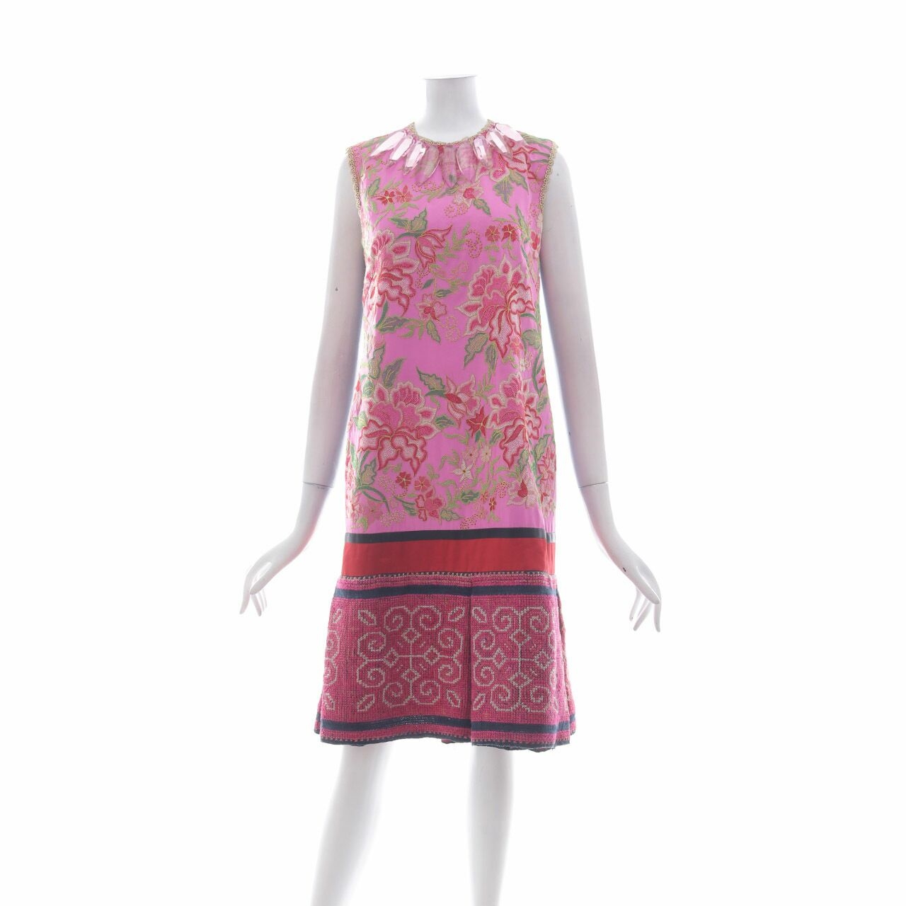 Didi Budihardjo Pink Multi Pattern Crystal Neck Midi Dress 