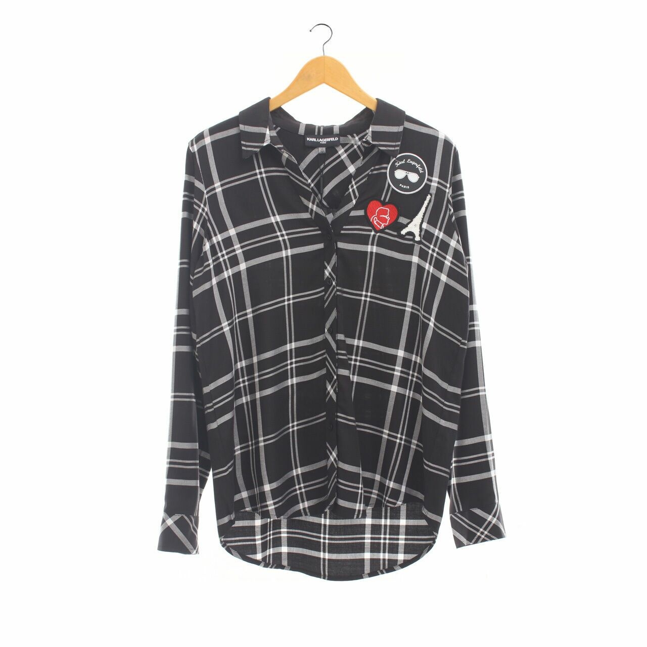 Karl Lagerfeld Long Sleeve Plaid Logo Patch Point Collar Button Front Black Shirt