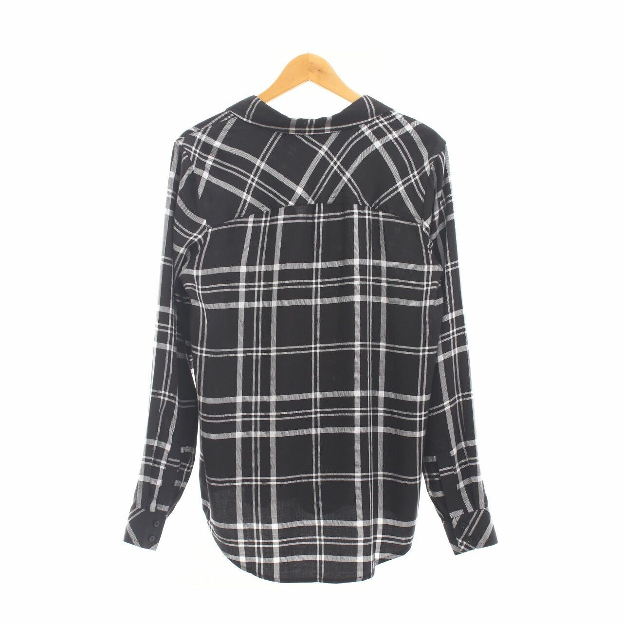 Karl Lagerfeld Long Sleeve Plaid Logo Patch Point Collar Button Front Black Shirt