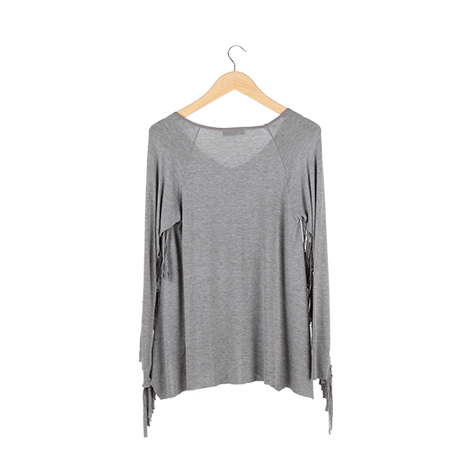 Grey Plain Fringe Sleeve T-Shirt