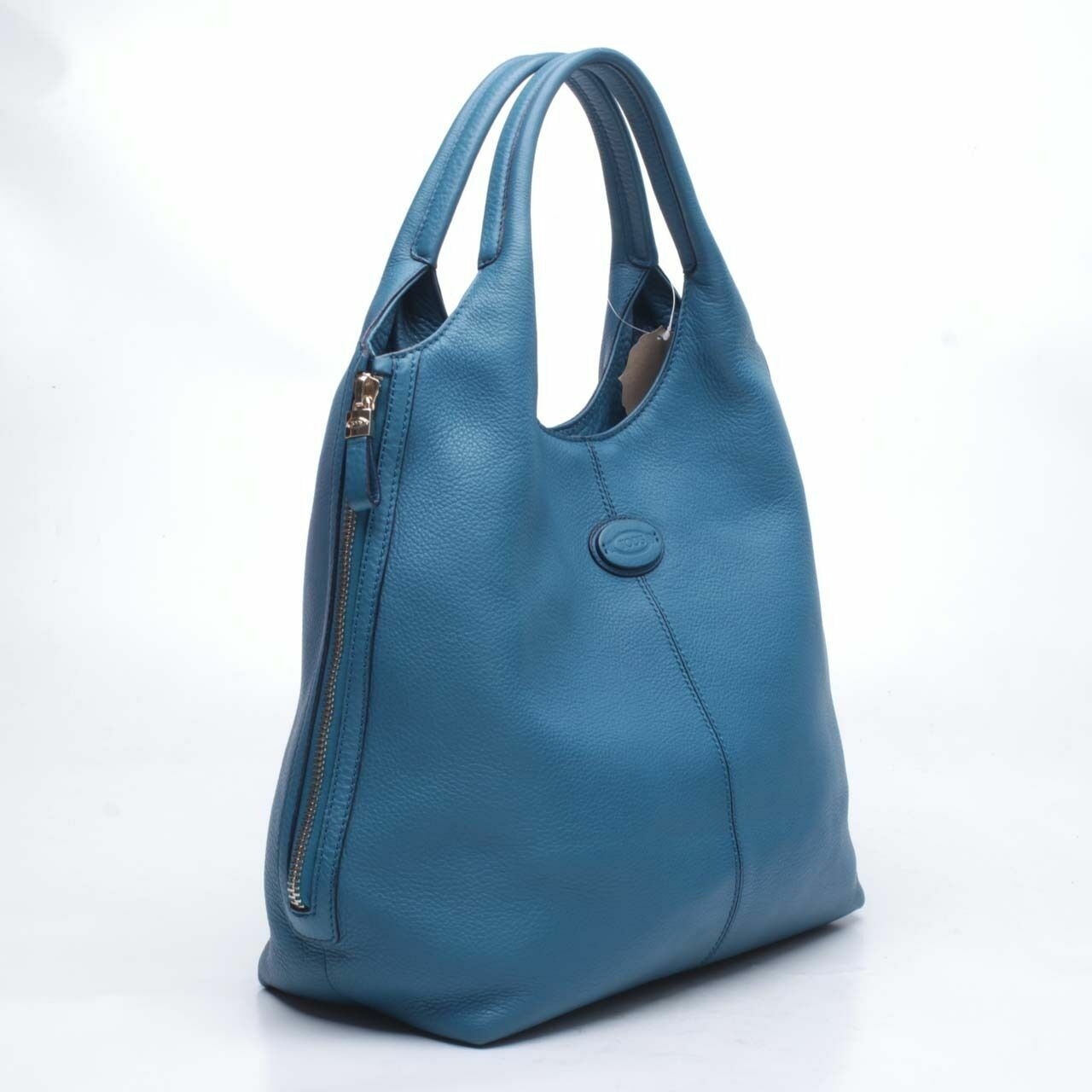Tod's Teal Blue Pebbled Leather Zip Tote Bag
