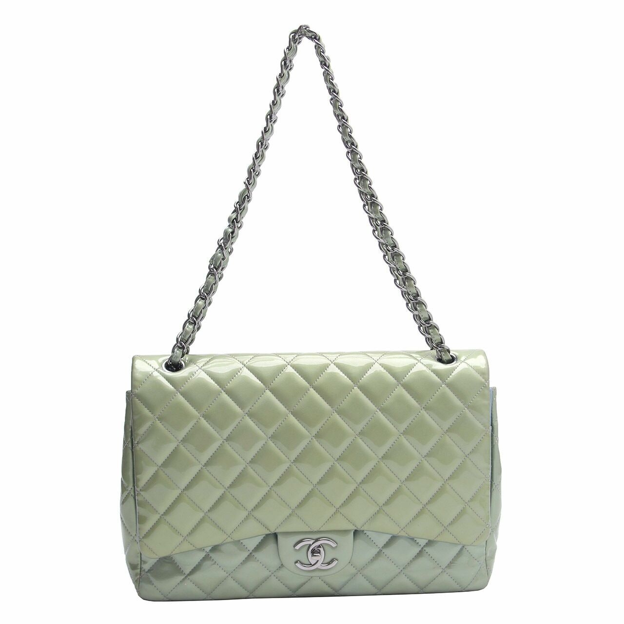 Chanel Green  Quilted Patent Leather Maxi Classic Double Flap Shoulder Bag