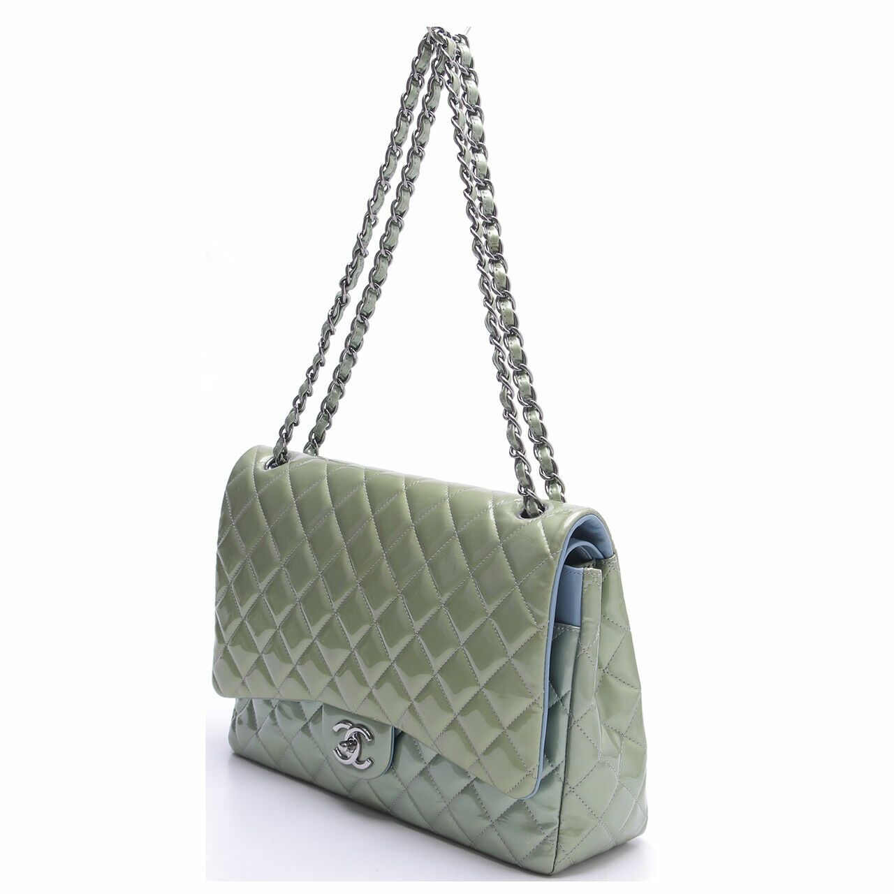 Chanel Green  Quilted Patent Leather Maxi Classic Double Flap Shoulder Bag