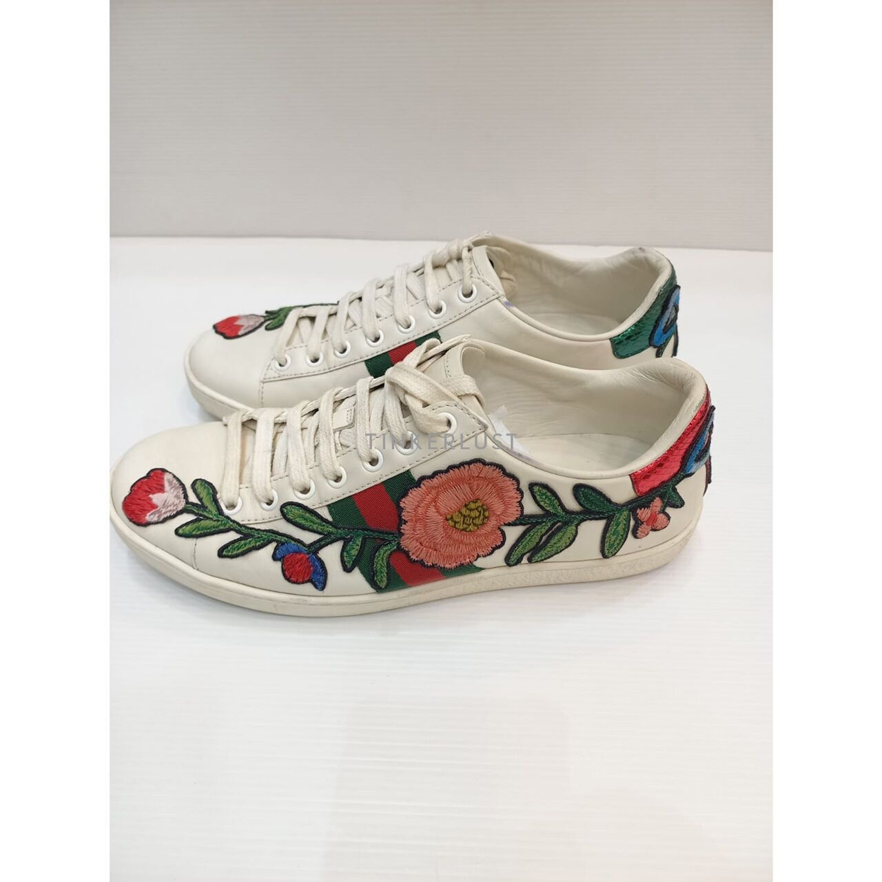 Gucci Ace Web Floral Embroidered White Leather Sneakers 
