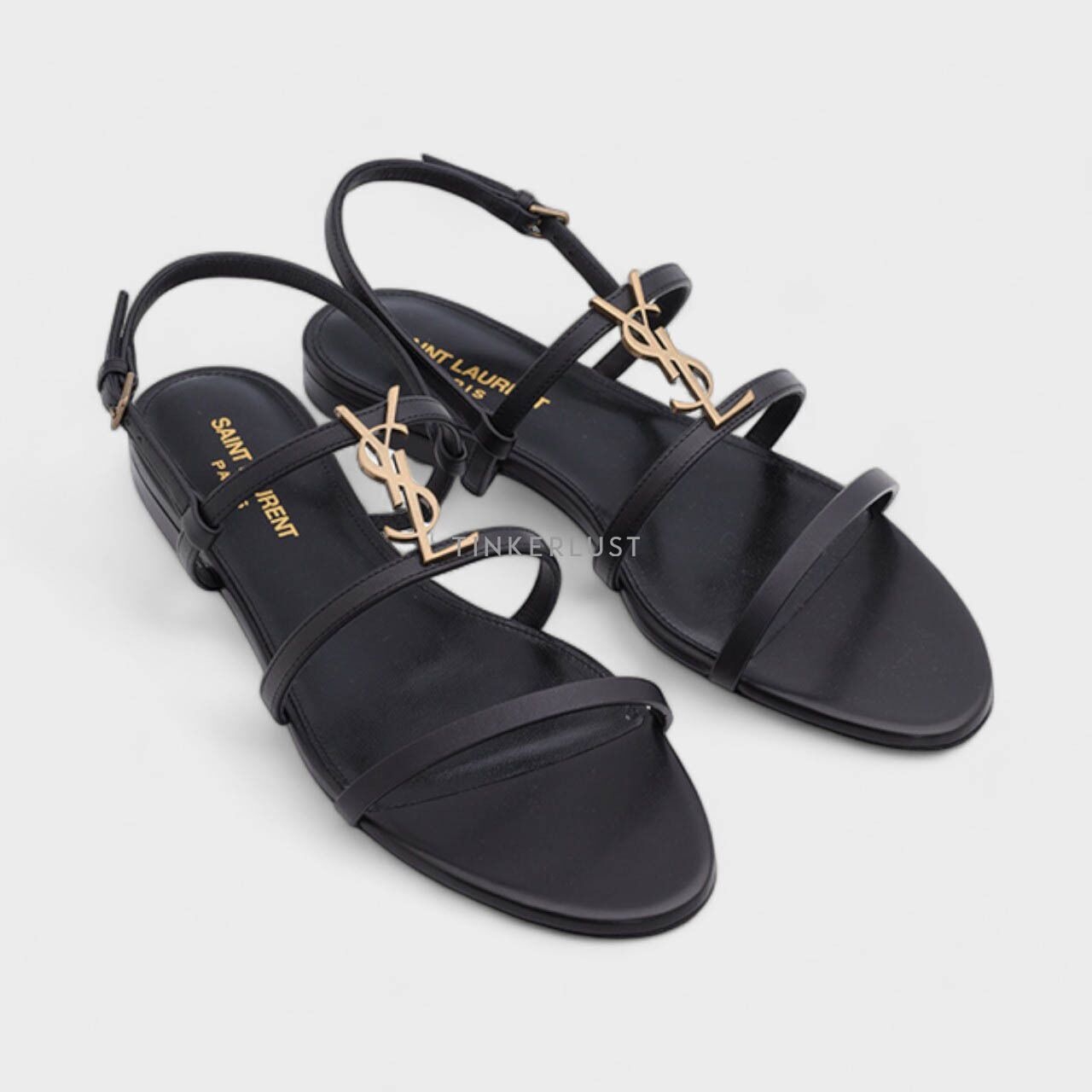 Saint Laurent Cassandra Ankle-Strap Black Smooth Leather Flat Sandals