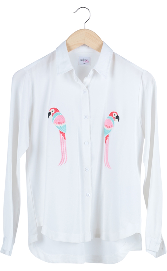 White Printed Colorful Parrot Shirt