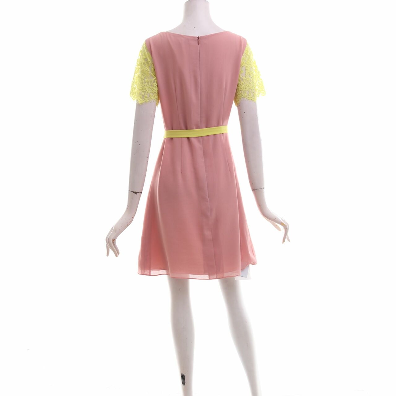 Shandy Aulia Collections Dusty Pink & Yellow  Lace Sleeve Mini Dress