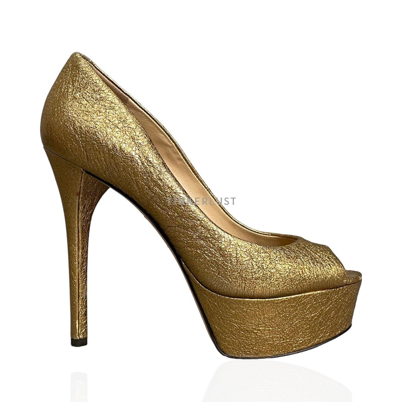 Brian Atwood Bambola Gold Open Toe Pumps