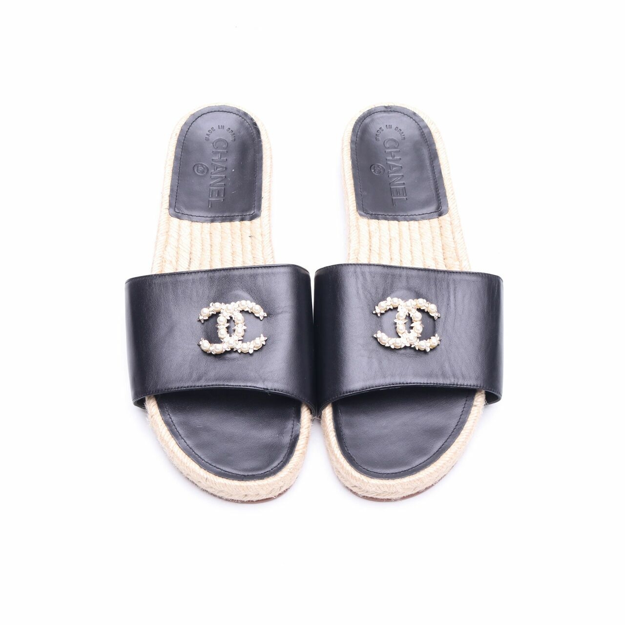 Chanel Black Pearl and Crystal CC Espadrille Slide Sandals