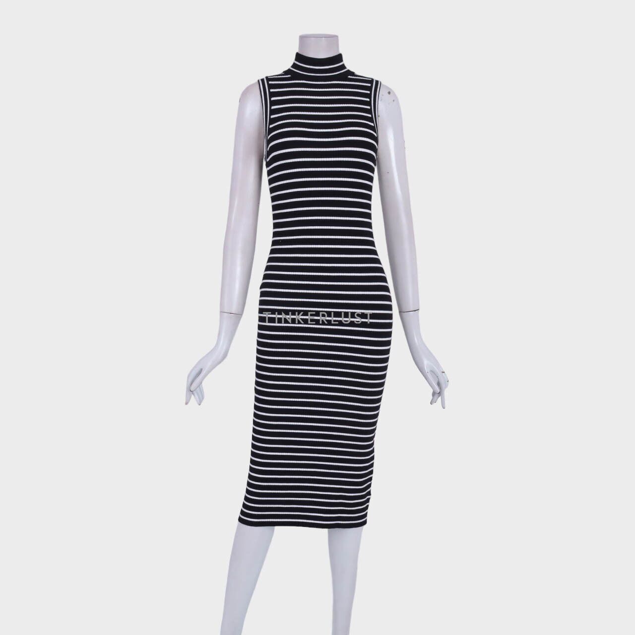 Michael Kors Black & White Stripe Turtleneck Sleeveless Midi Dress