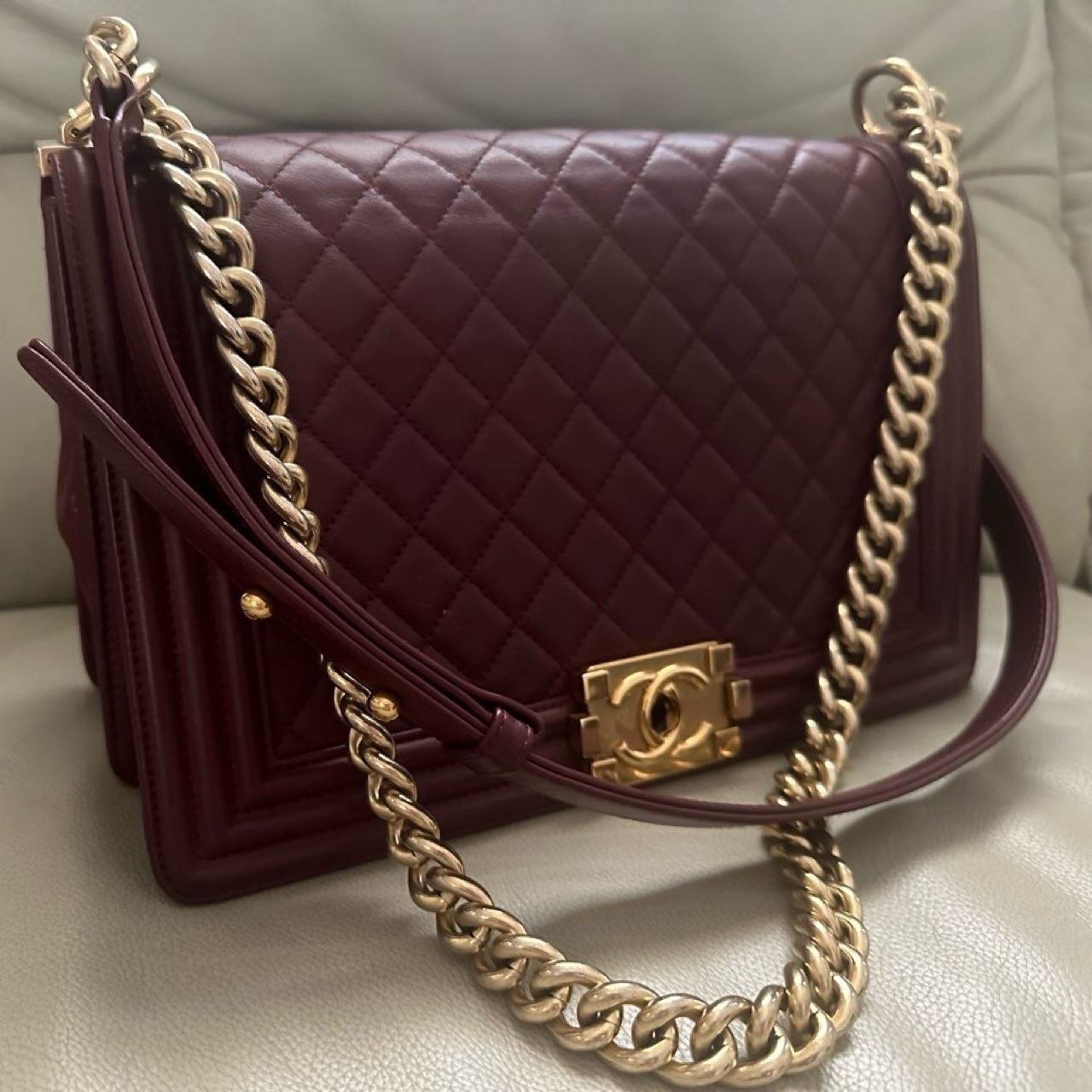 Chanel Boy New Medium Red Maroon Quilted GHW Shoulder Bag